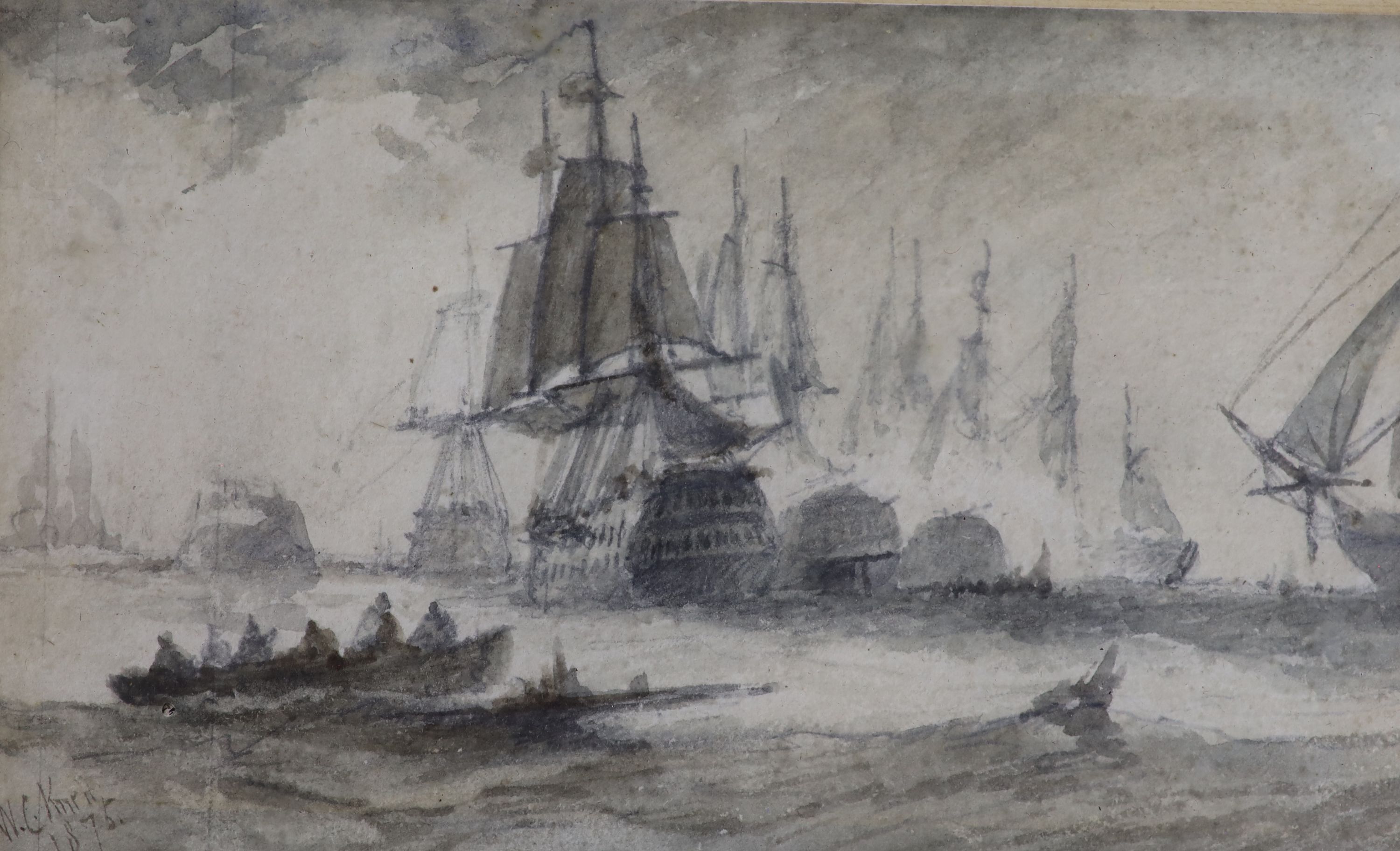William Calcott Knell (19th C.), watercolour, Shipping at sea, signed and dated 1875, 10 x 17cm